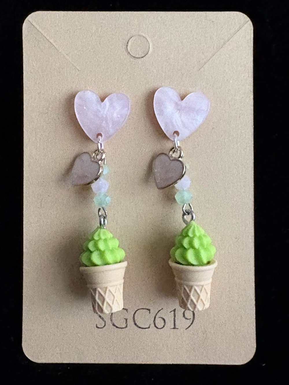 Heart Stud  Dangle Soft Pistachio Or Lime Ice Cream Frozen Yogurt Cone Earrings